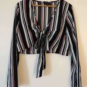 Striped Long Sleeve Tie Up Crop Top
